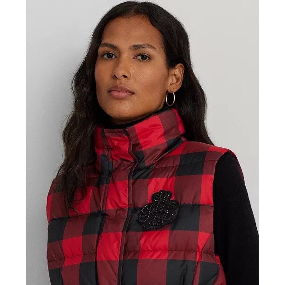 Lauren Ralph Lauren Women's 10 Buffalo Check Quilted Down Vest Embellished Logo - Picture 4 of 13